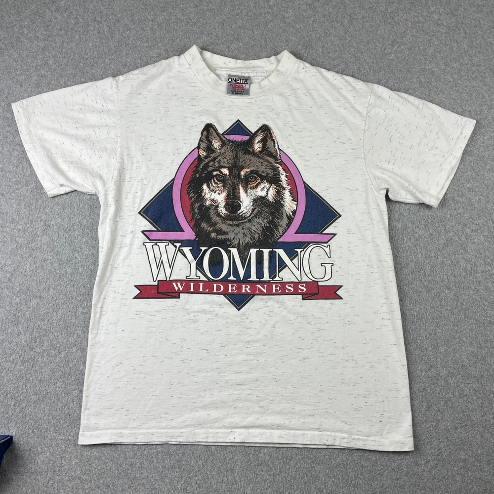 Vintage Oneita Wyoming Wilderness Wolf T Shirt Mens Medium White Graphic 90s
